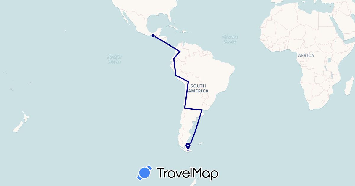 TravelMap itinerary: driving in Argentina, Bolivia, Chile, Colombia, Ecuador, Mexico, Peru (North America, South America)